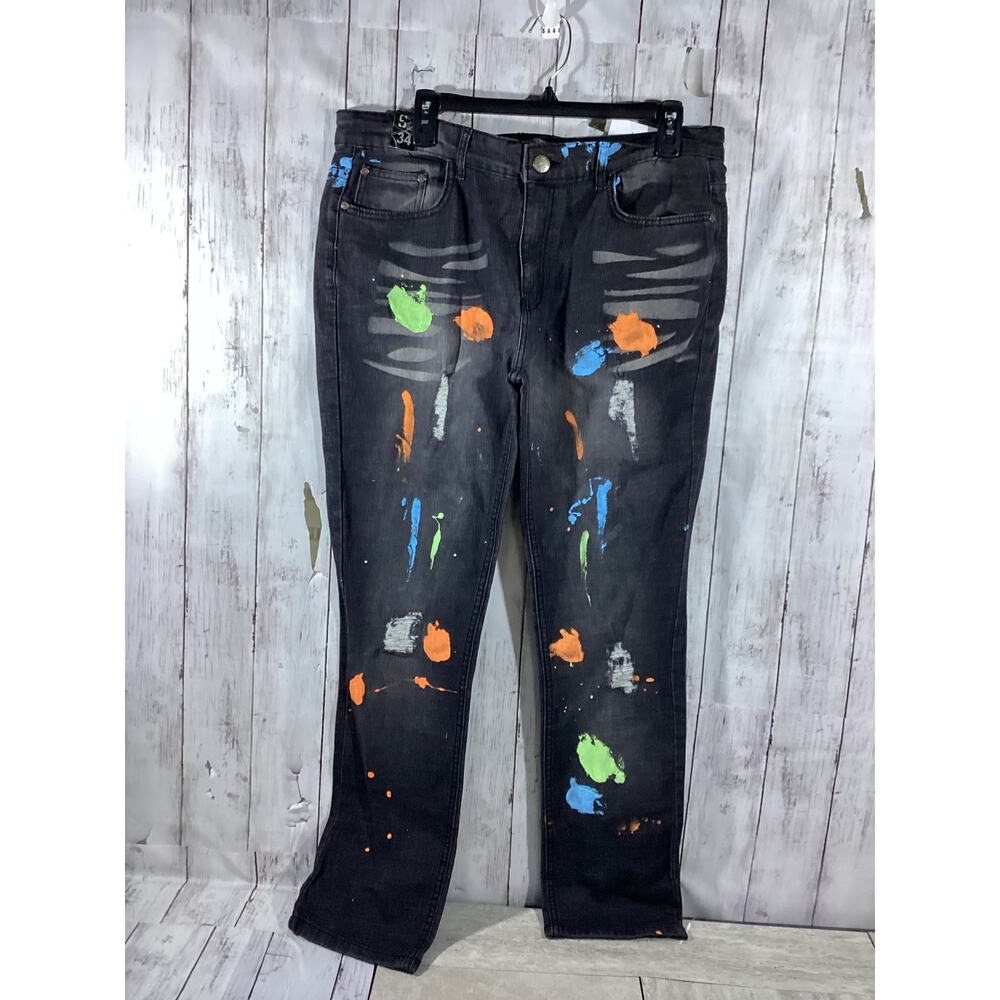Sacred Crown Men's Black Paint Splatter Straight Leg Jeans Pants Size 34